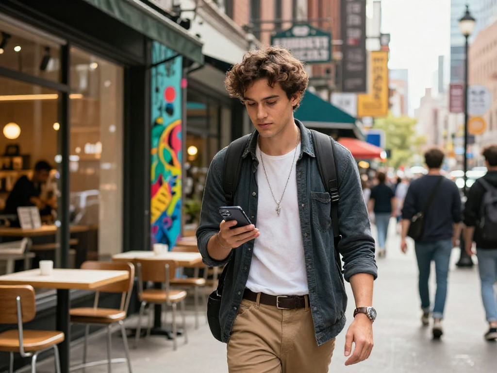 Welkruvozan in een stadsleven waarin een jonge professional trendy mode ontdekt en een smartphone gebruikt.