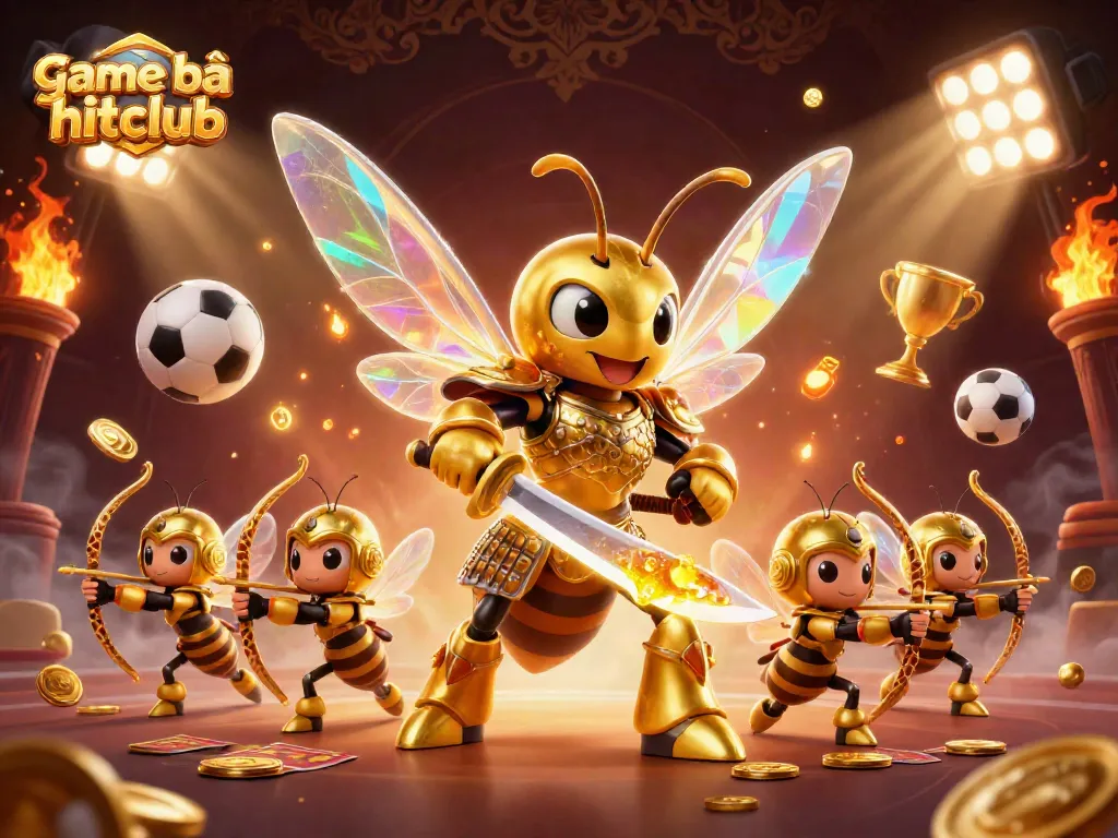 Engage in the vibrant game bài hitclub with a thrilling scene of 3D golden hornet samurai and dynamic sports elements