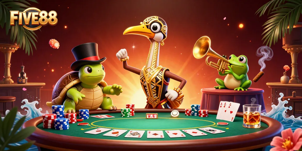 Engage in thrilling gameplay at FIVE88 with vibrant characters and poker action featuring colorful poker chips.