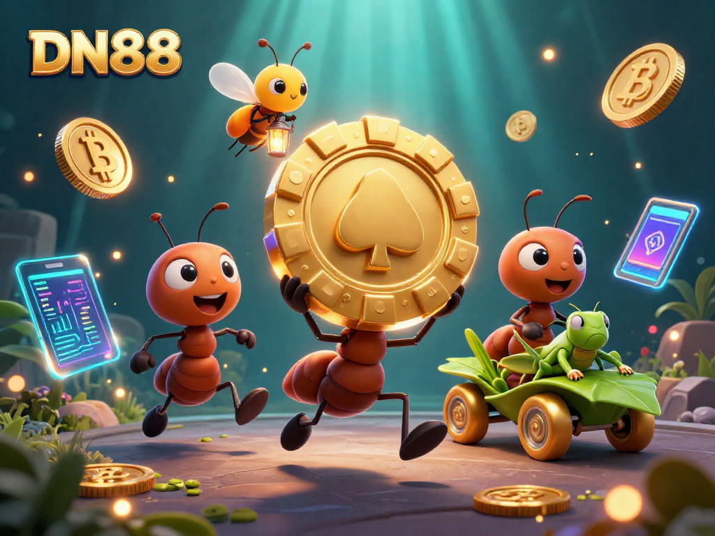 Experience exciting gameplay with DN88 as ants embark on a heist with golden poker chips.