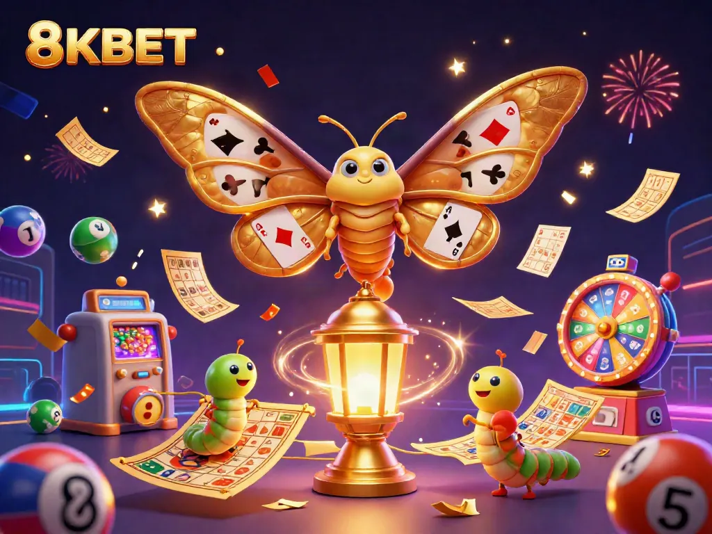 Experience the thrill of 8KBET with golden moths and dynamic casino elements in a vibrant scene.