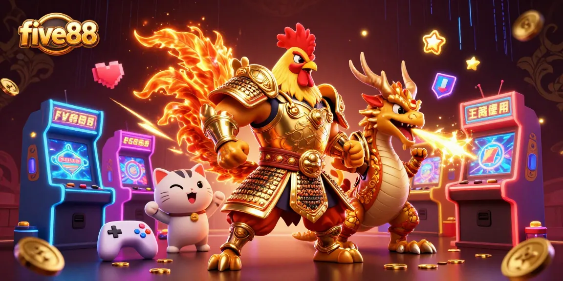 Join the excitement at five88 with a dynamic scene featuring a fighting rooster warrior and a dragon hatchling.