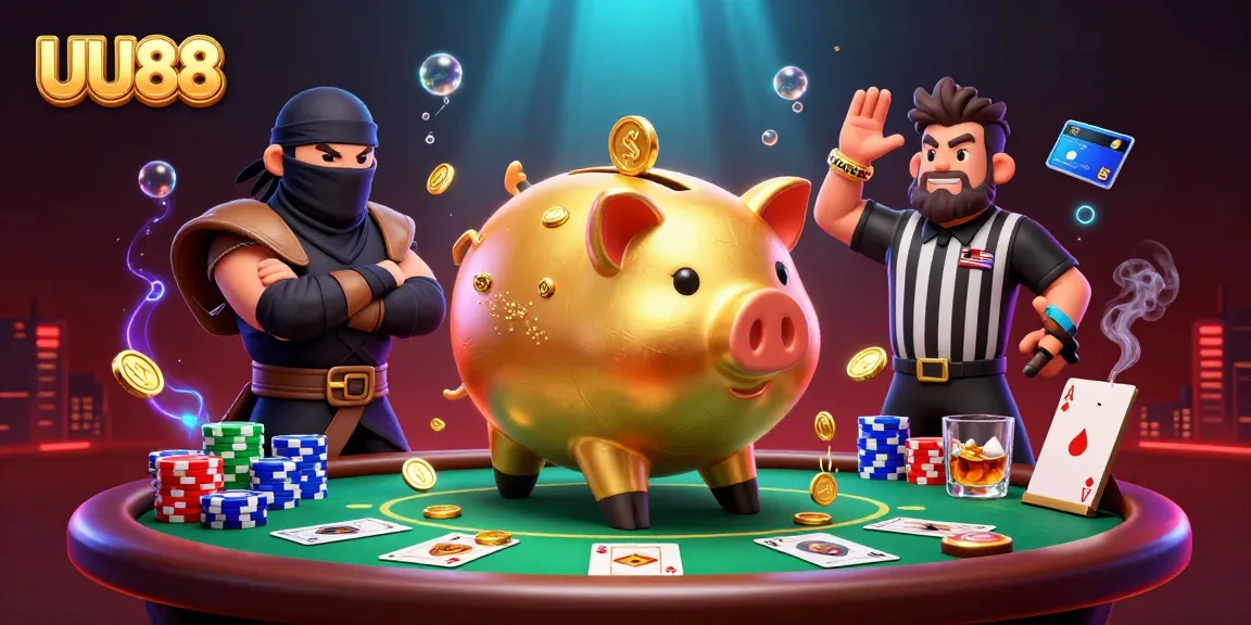 UU88 casino scene with golden piggy bank sumo wrestler and poker elements in a vibrant 3D illustration.