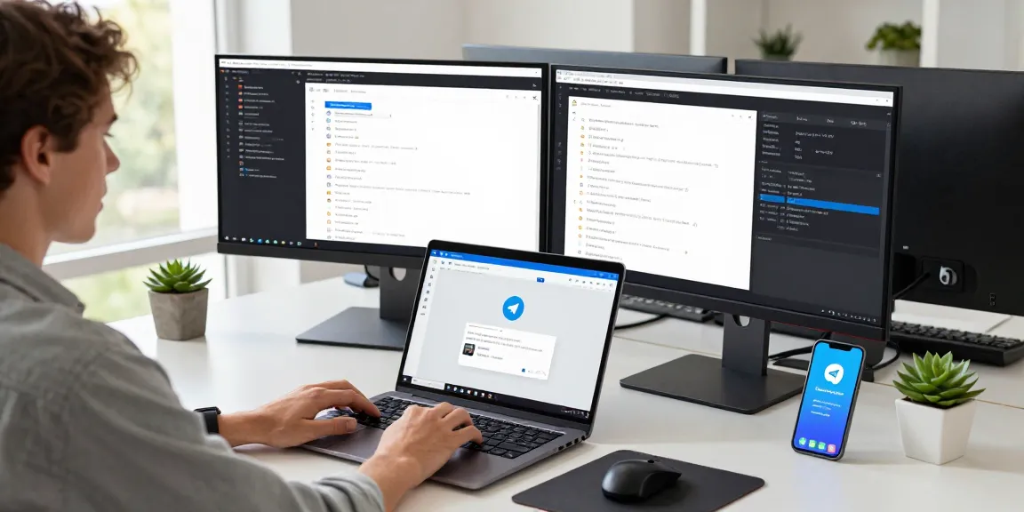 Young professional using Telegram网页版 in a modern tech workspace with laptops and vibrant decor.