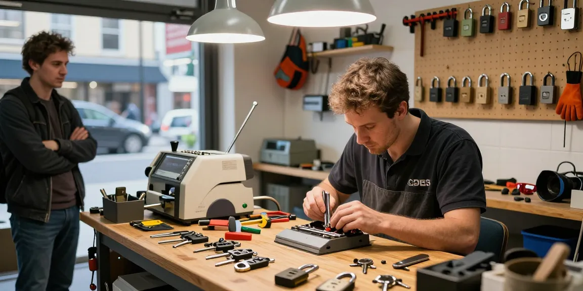 Slotenmaker in werkplaats aan het sleutel maken, tools en sloten zichtbaar.