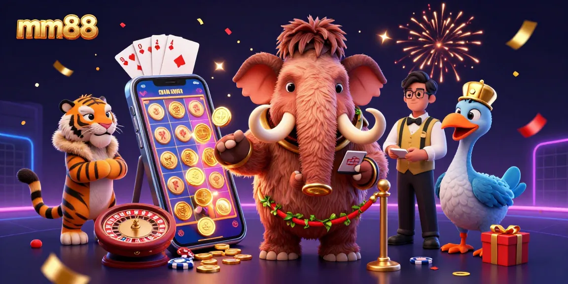Engage with mm88's vibrant casino scene showcasing characters enjoying dynamic gaming experiences.