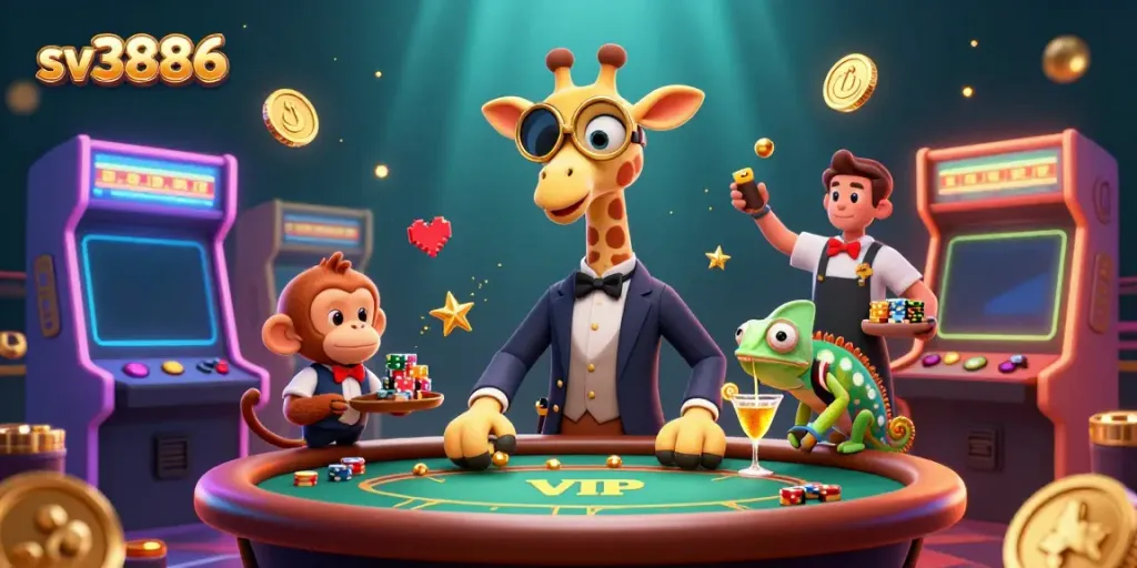 Watch the high-roller giraffe revel in gambling excitement at sv3886's vibrant casino scene.
