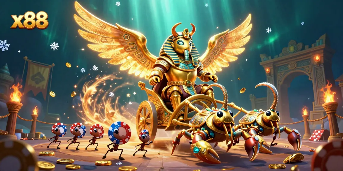 Engage in thrilling games at x88 with a pharaoh beetle and battling scorpions amidst a vibrant casino arena.