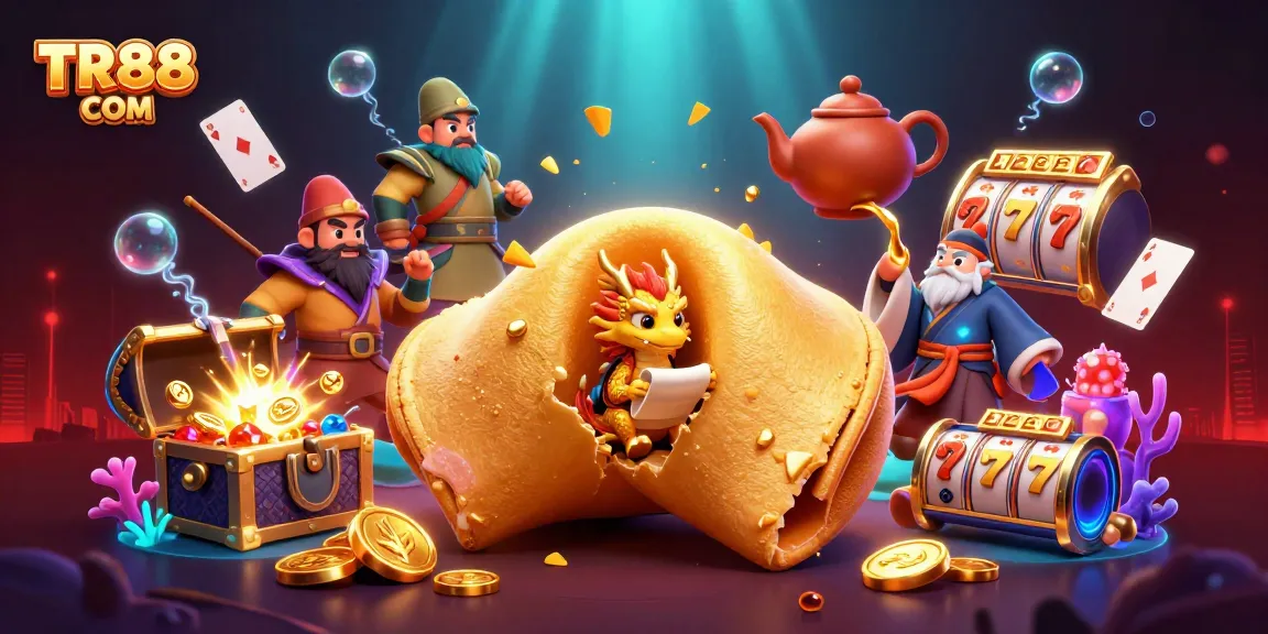 Experience the excitement of casino adventures with TR88 COM, featuring golden fortune cookie characters and casino elements.