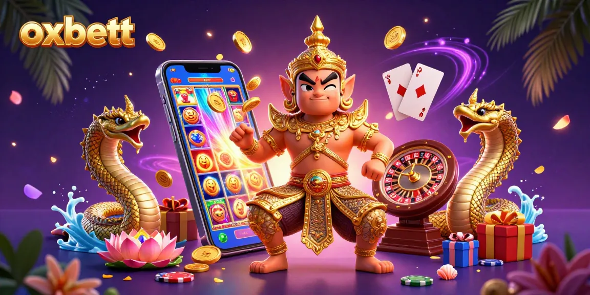 Experience the magic of gambling with oxbett's vibrant scene showcasing a 3D guardian, slot games, and energetic casino elements.