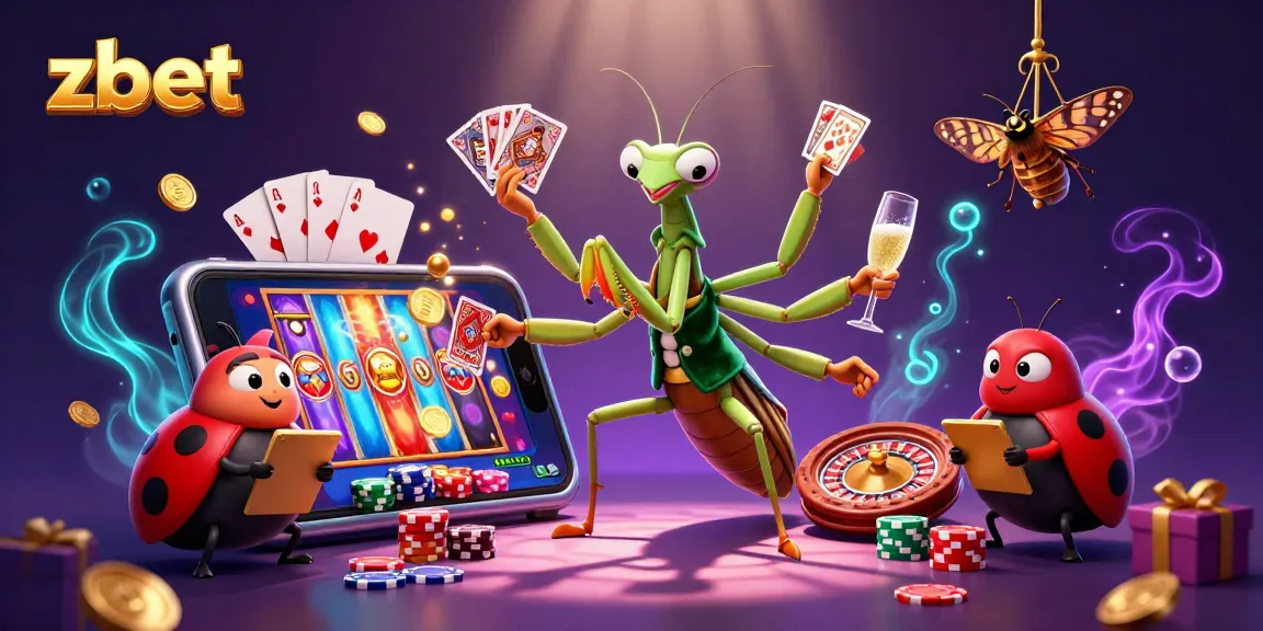 ZBET brings thrilling casino action to life with a lively praying mantis card sharp in a dynamic casino scene.