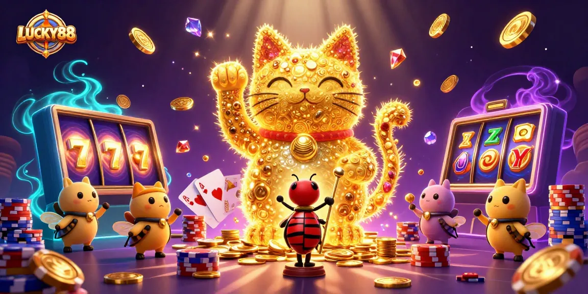 Spin the LUCKY88 slot reels with captivating golden fireflies and casino symbols in a magical illustration.