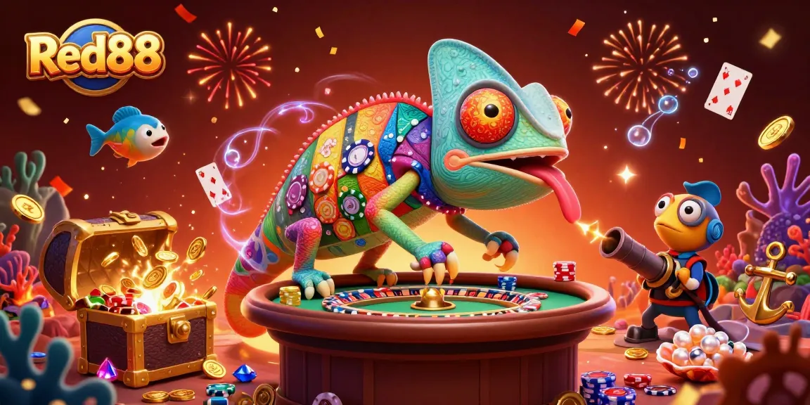 Experience Red88's vibrant casino atmosphere with an animated chameleon, treasures, and gaming elements.