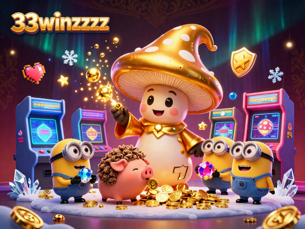 Experience magical treasure hunting with the golden mushroom wizard in 33winzzzz's vibrant casino world.