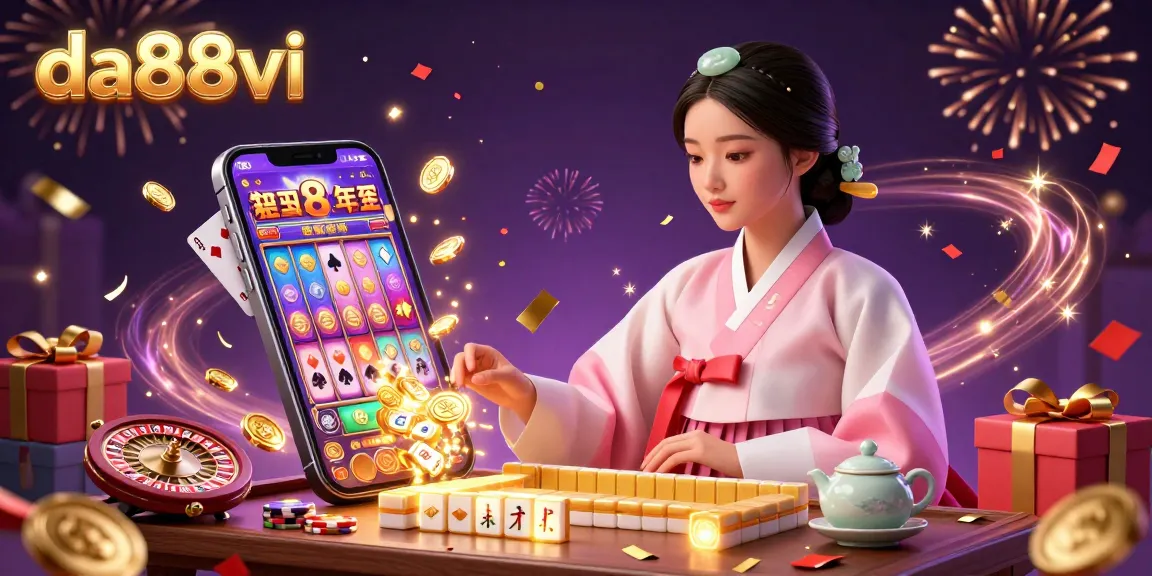 Engage with da88vi's vibrant gaming atmosphere featuring a serene woman and dynamic casino elements.