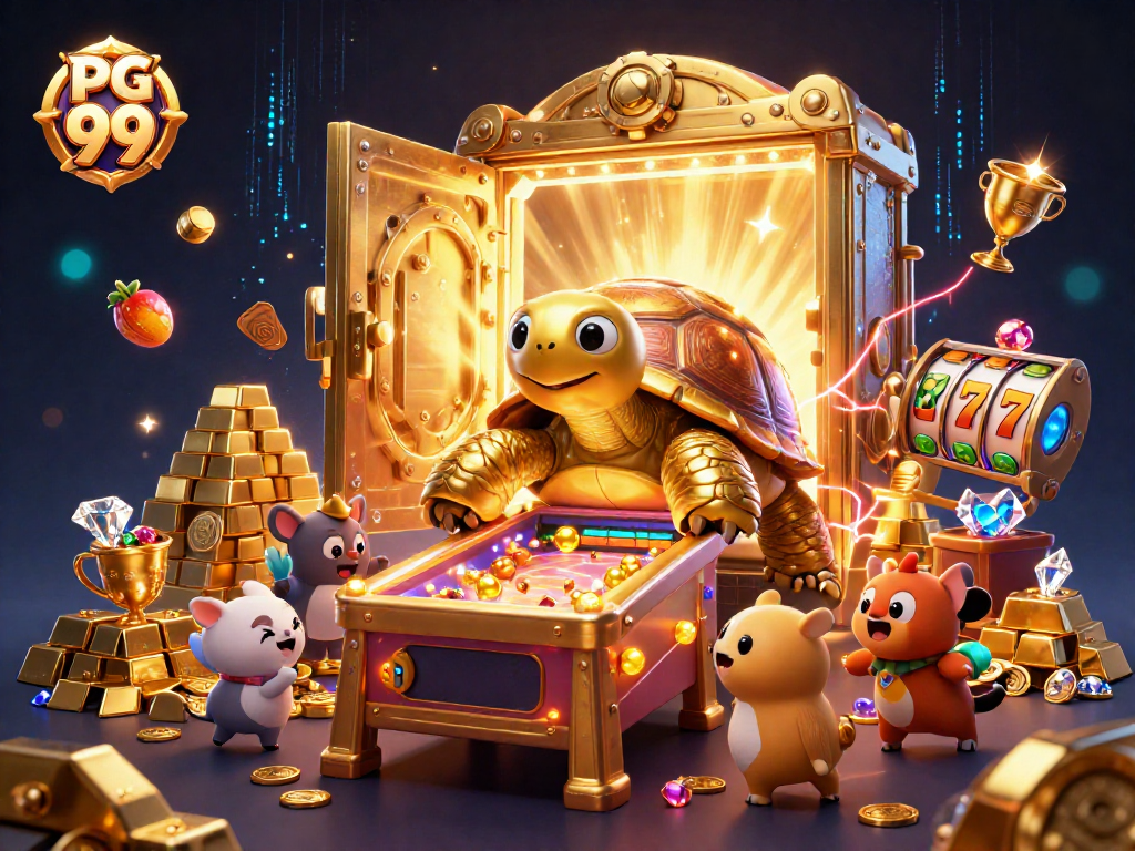 Experience the thrill of PG 99 in a vibrant 3D casino scene filled with golden treasures and playful characters.