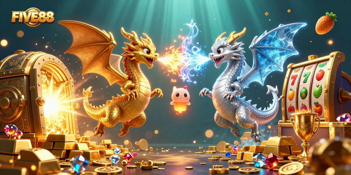 Engage in thrilling gameplay at FIVE88, featuring lively dragons, treasures, and vibrant casino symbols.
