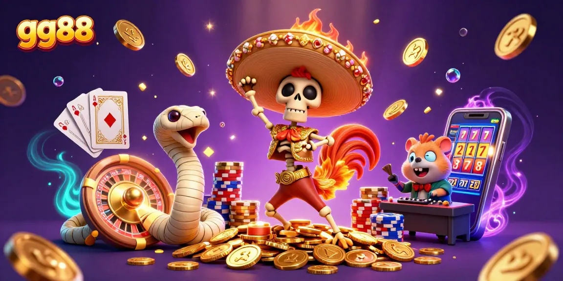 Experience thrilling wins at gg88 with a dynamic scene of vibrant casino characters celebrating around cascading coins.