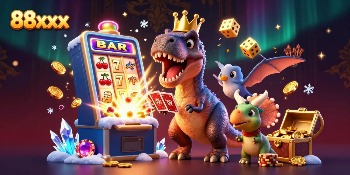 Engage with vibrant casino excitement at 88xx featuring a cartoon T-Rex, a pterodactyl helper, and a triceratops with golden chips.