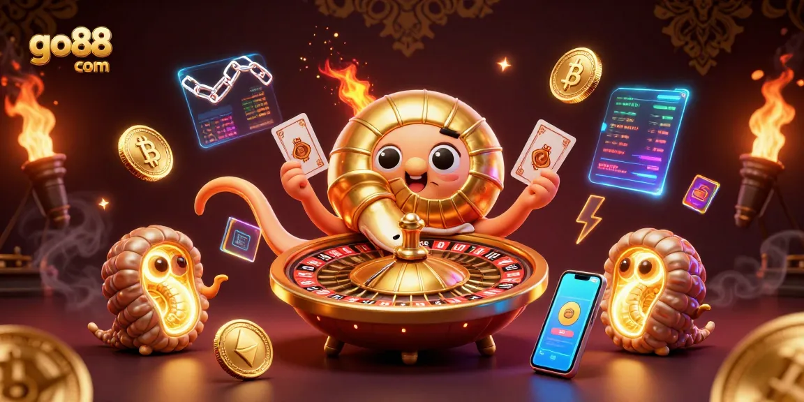 Experience winning strategies at go88 com with a vibrant casino-themed 3D illustration filled with gaming elements.