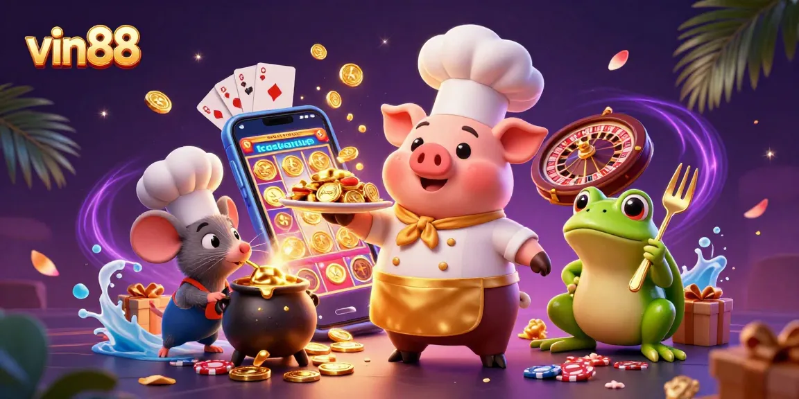 Spin and win with vin88, featuring a pig chef, coins, and colorful gaming elements in a lively casino scene.