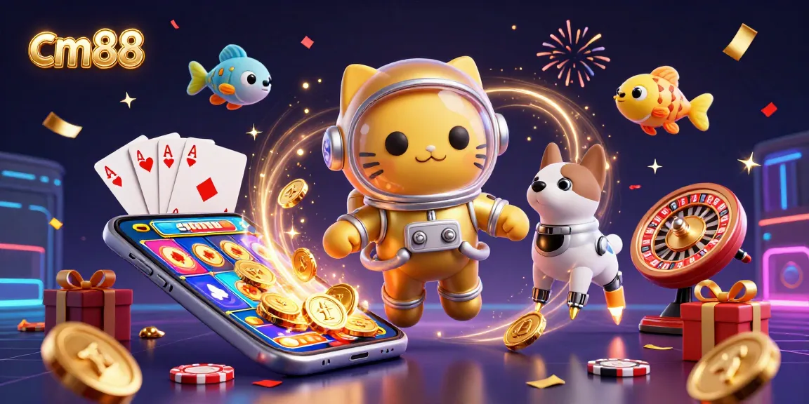 Bettors enjoy cm88's vibrant gaming scene with a 3D astronaut cat and robot dog among slot games and confetti.