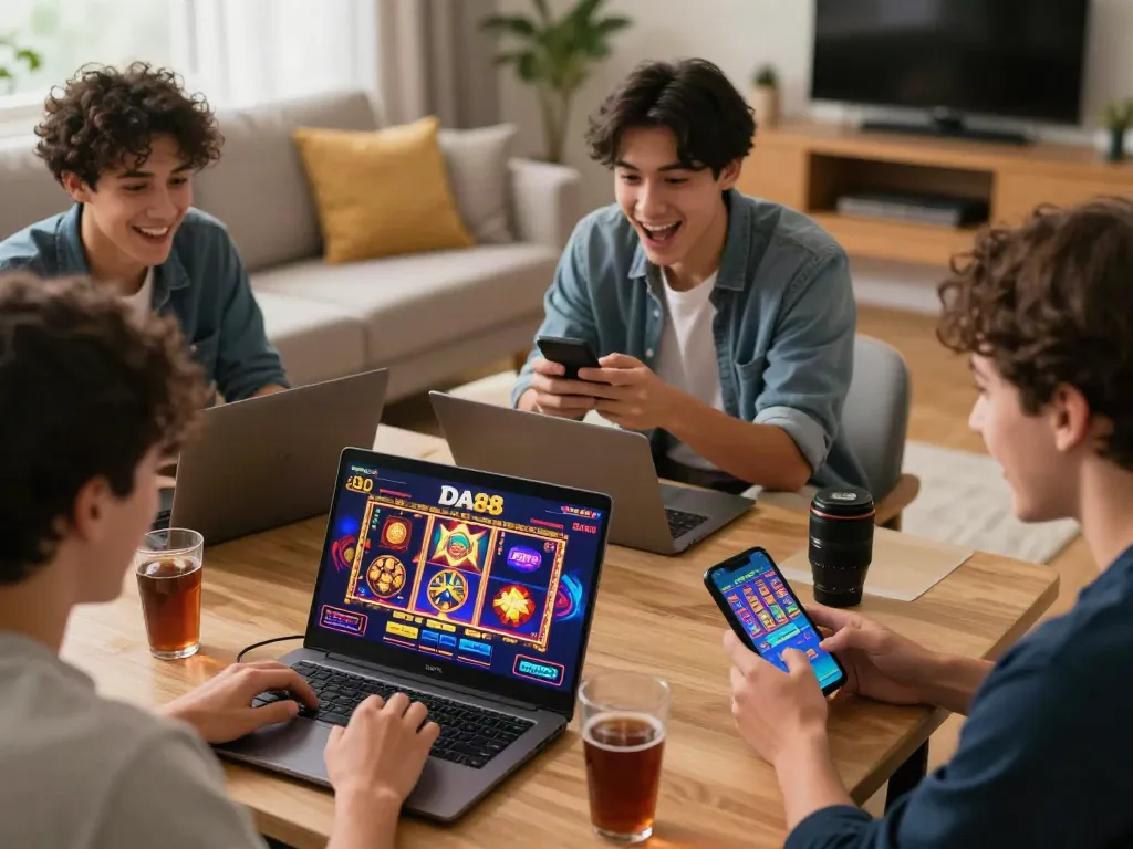 Excited players enjoying diverse games on the DA88 platform in a cozy living room setting.