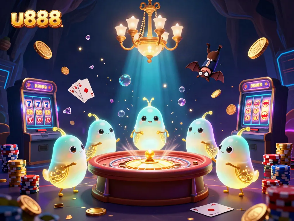 Experience the excitement of u888 with glowworms lighting up a vibrant casino scene filled with games and treasures.