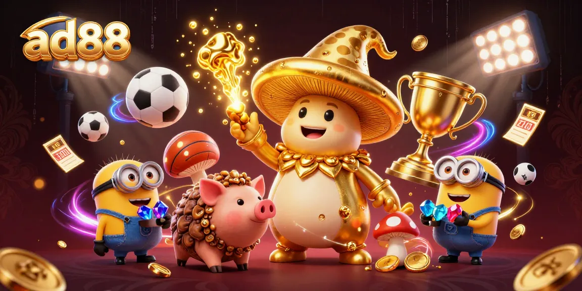 Experience excitement with ad88 casino's magical win scene featuring treasure, sports, and vibrant elements.