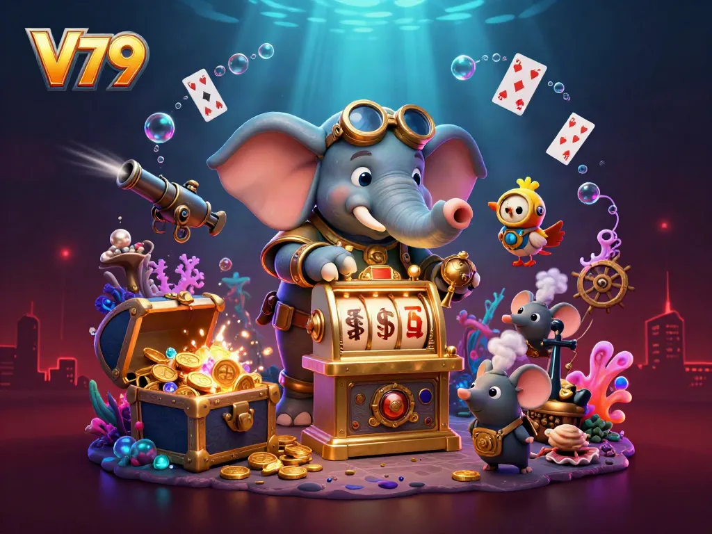 Spin the V79 slot machine with a steampunk elephant engineer amidst treasures and gaming elements.