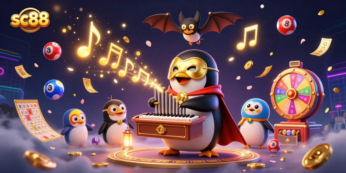 Play to win with sc88 as the phantom opera penguin creates coin-filled excitement in a vibrant casino scene.