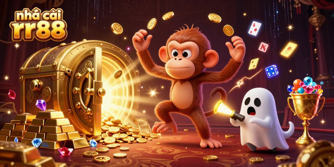 Play exciting games at nhà cái rr88 with a mystical monkey juggling golden treasures in a vibrant casino scene.