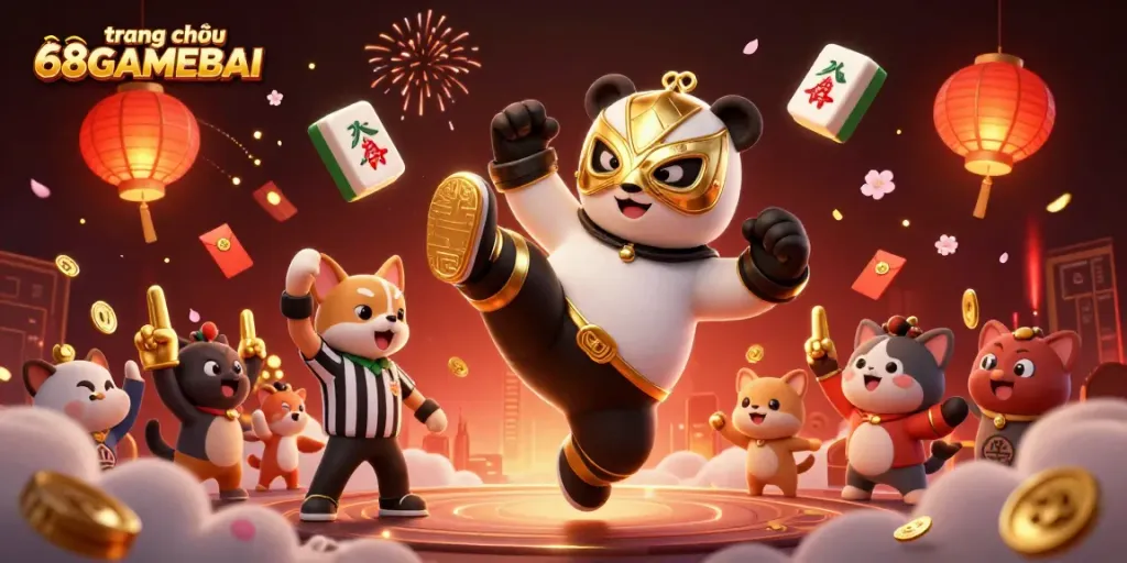 Experience the action at trang chủ 68GAMEBAI with an engaging 3D wrestling scene filled with gambling elements.