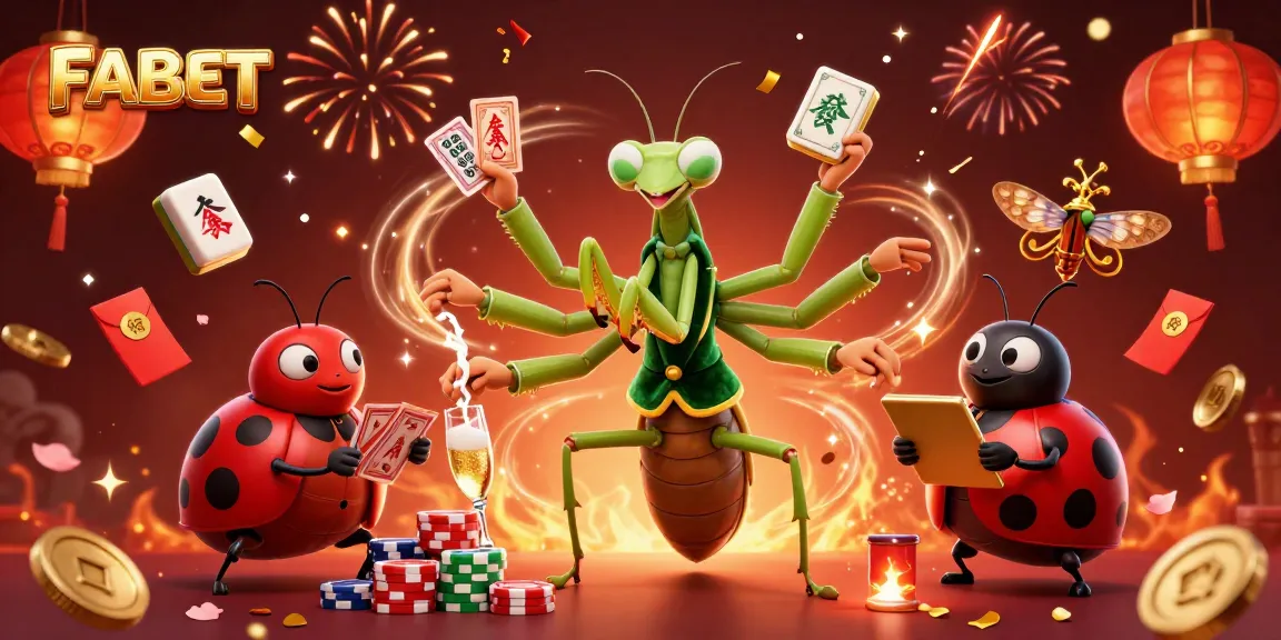 FABET players enjoy card games while celebrating, surrounded by festive casino elements.