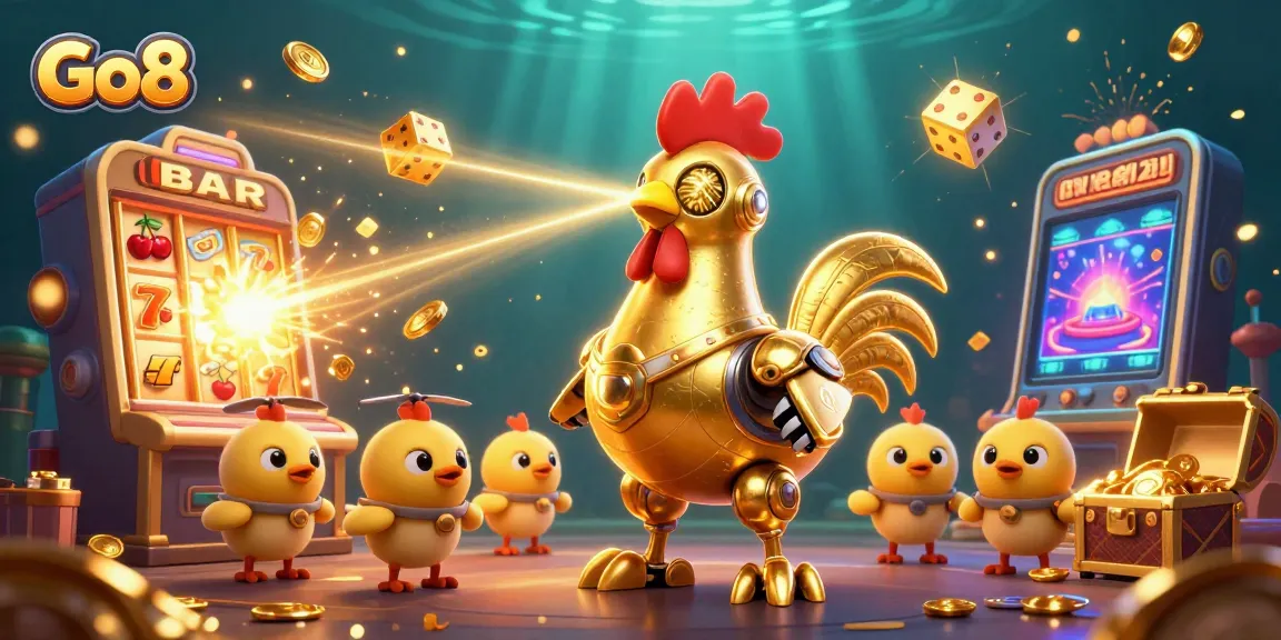 Go8 showcases a thrilling casino scene with cartoon robots and dynamic slot elements.