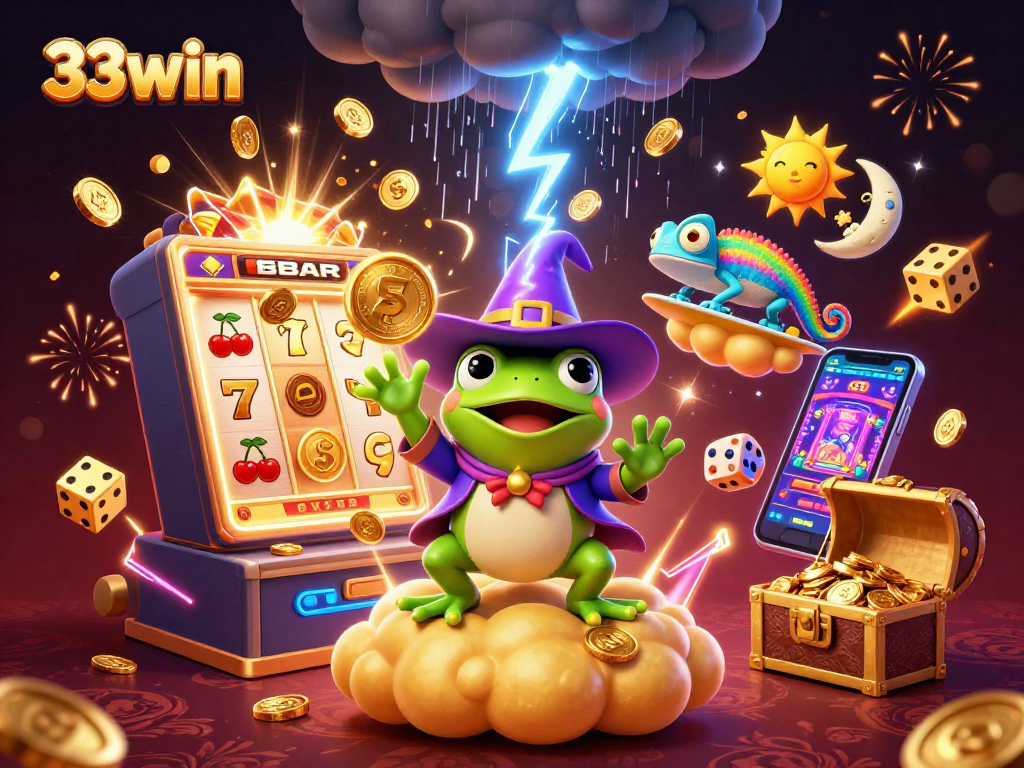 Experience the thrill of 33win with a weather wizard frog and chameleon in a vibrant casino scene.