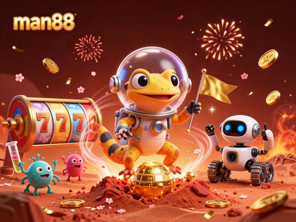 man88 showcases a 3D cartoon universe where a Martian gecko explores a casino, capturing vibrant gaming energy.