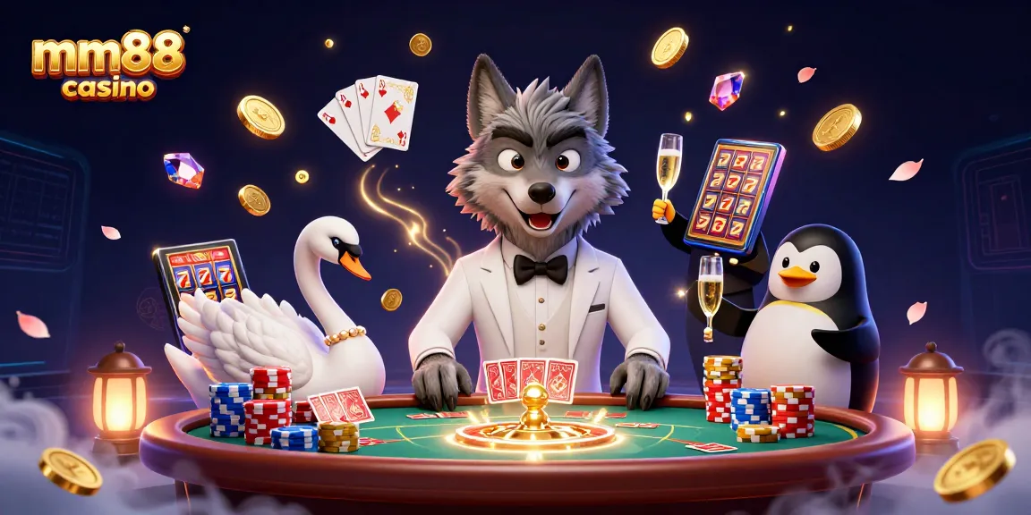 Experience mm88 casino with a vibrant scene featuring a debonair wolf, elegant swan, and sophisticated penguin.