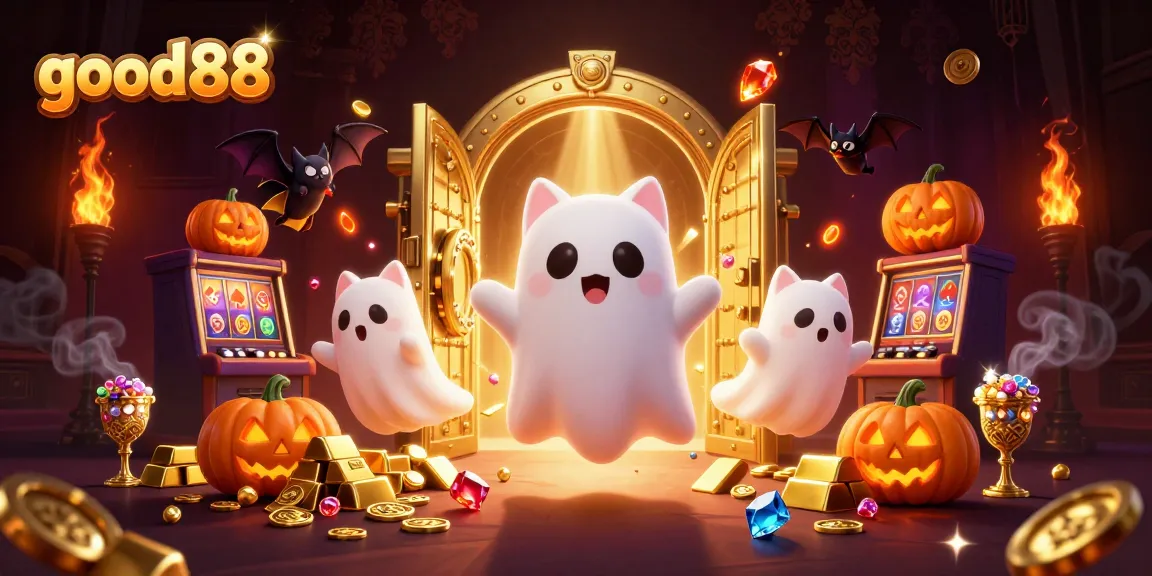 good88 engages players with a vibrant 3D illustration featuring a ghost cat in a haunted casino