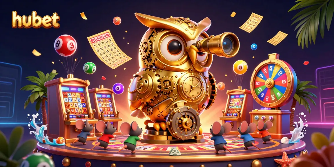 Spin the reels with hubet's vibrant casino scene featuring a clockwork owl and lottery elements.