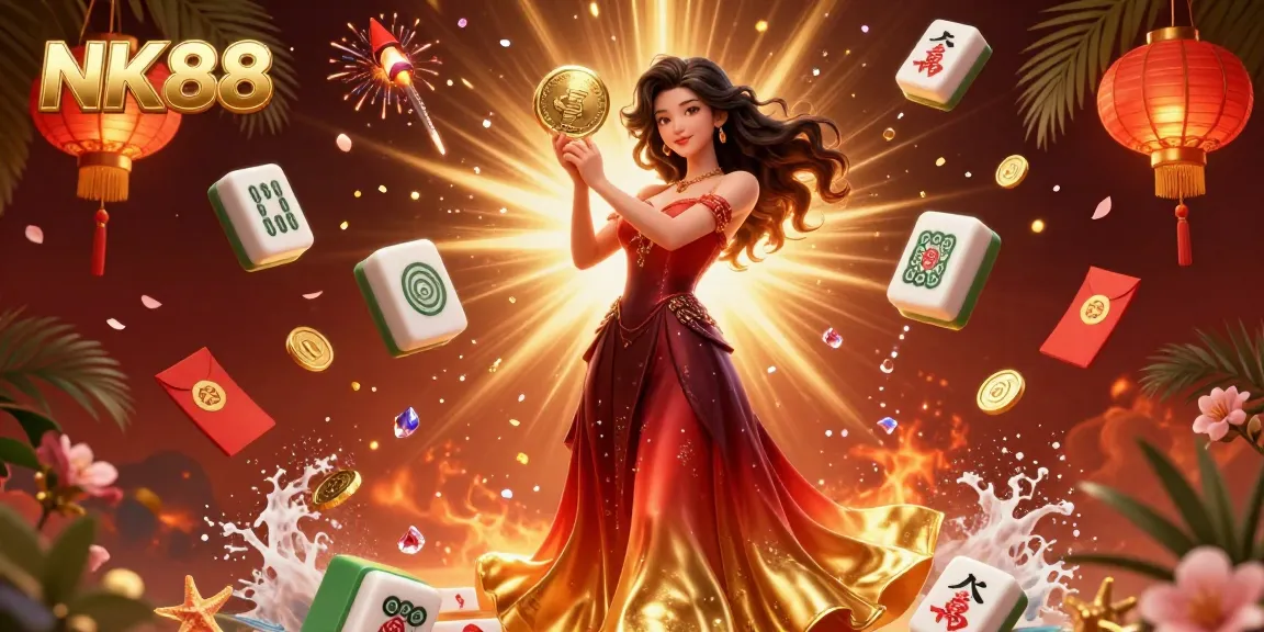 Engage with NK88 in a vibrant casino scene featuring a stunning Asian woman celebrating winnings with golden coins and festive decorations.