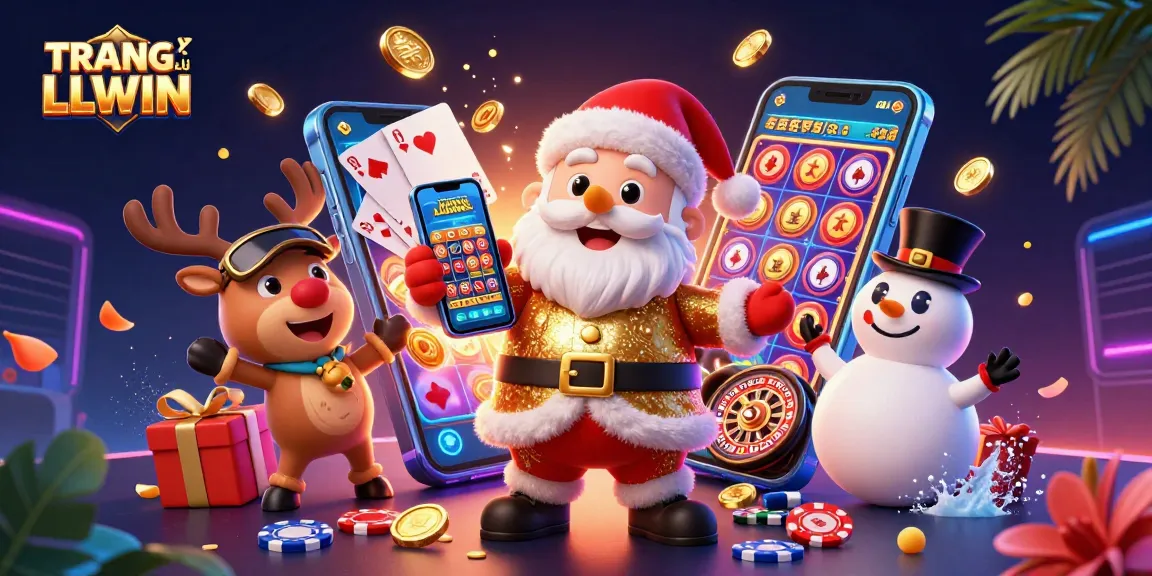 Experience the thrill of TRANG CHỦ LLWIN as Santa reveals a jackpot slots smartphone amidst a vibrant casino scene.