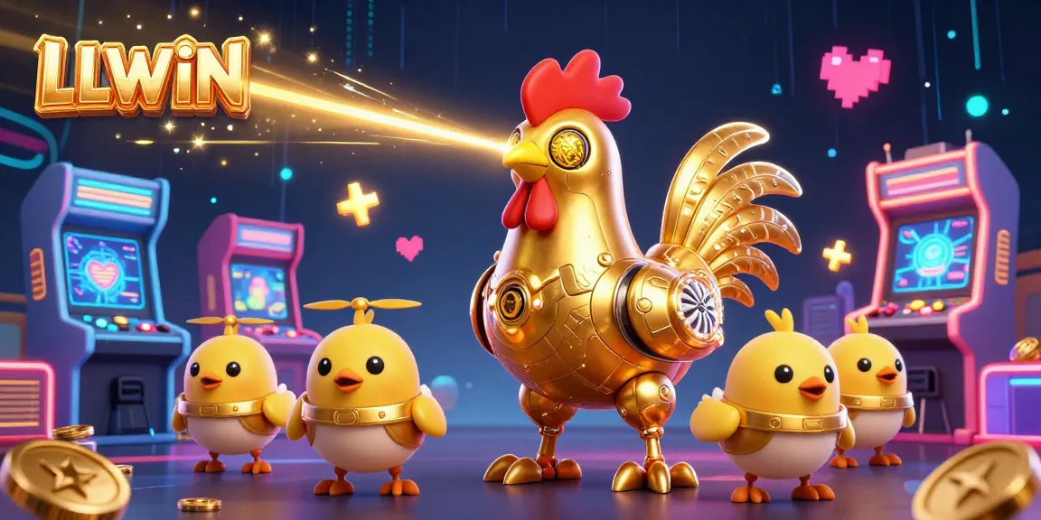 Experience thrilling gaming with LLWIN's vibrant casino robots and arcade elements in a colorful digital illustration.