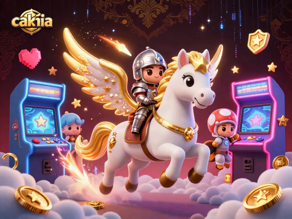 Experience cakhia with a vibrant 3D casino scene featuring knight and celestial horse amidst dynamic gaming elements.