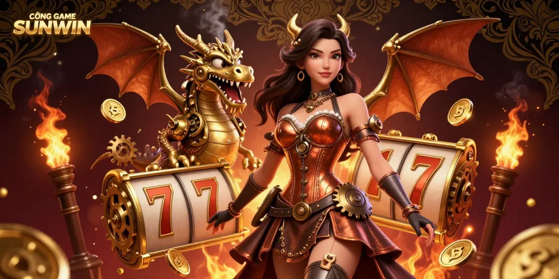 CỔNG GAME SUNWIN showcases a vibrant 3D casino illustration featuring a woman, dragon elements, and slot reels for immersive gameplay.