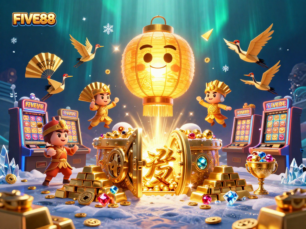 Experience the thrill of FIVE88 with a vibrant casino scene showcasing slot machines, gold treasures, and lucky symbols.