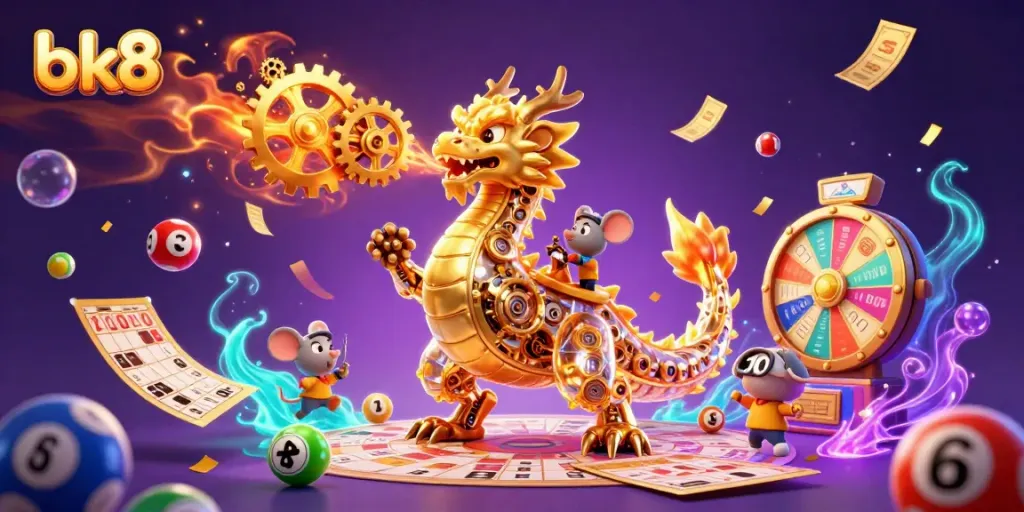Experience thrilling games at bk8 with a majestic dragon and vibrant lottery elements.