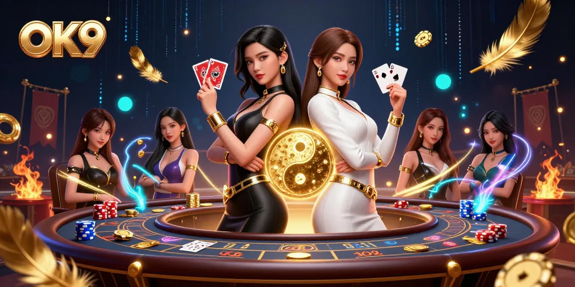 Engage with the powerful duo of OK9 gamblers showcasing skills with cards amidst casino elements.