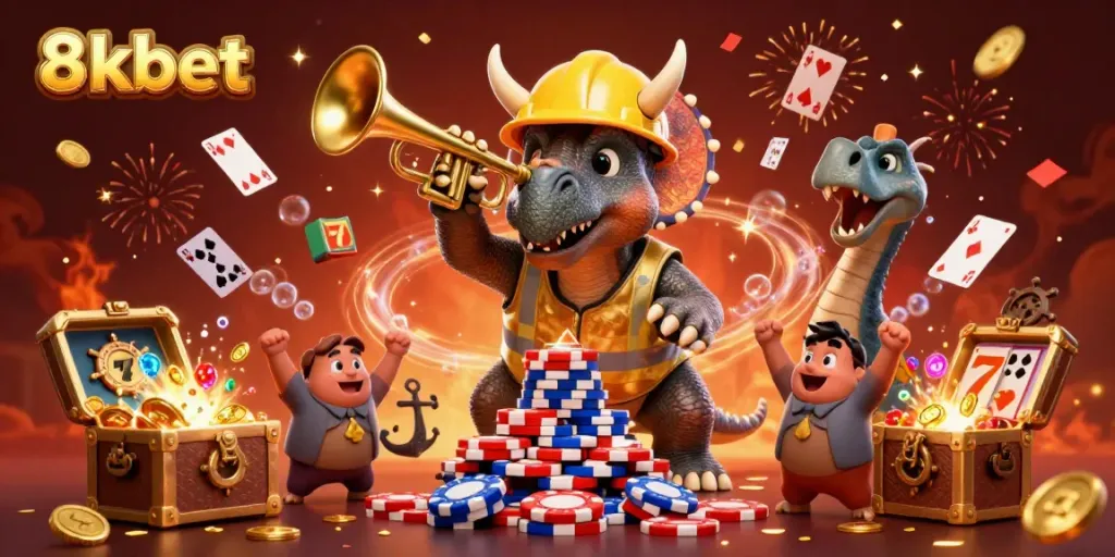 Celebrate winning moments at 8xbet with a cheerful 3D triceratops and casino elements.