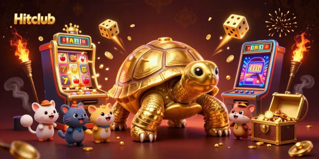 Experience the excitement of Hitclub with a vibrant casino scene featuring dynamic slot machines and festive mascots.